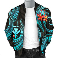 Polynesian Hawaii Men Bomber Jacket - Turquoise Plumeria - Polynesian Pride