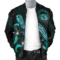 Hawaii Polynesian Men's Bomber Jacket - Turtle With Blooming Hibiscus Turquoise - Polynesian Pride