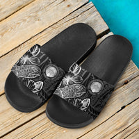 Northern Mariana Islands Slide Sandals - Turtle Hibiscus Pattern Black - Polynesian Pride