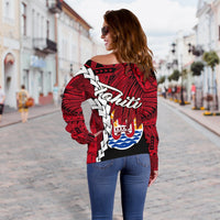 Tahiti Polynesian Custom Personalised Women's Off Shoulder Sweater - Tribal Wave Tattoo Flag Style - Polynesian Pride
