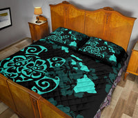 Turtle Hibiscus Map Turquoise Quilt Bed Set - Polynesian Pride