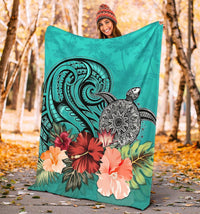 Turtle Polynesian Premium Blanket Hibiscus Polynesian Turquoise - Polynesian Pride