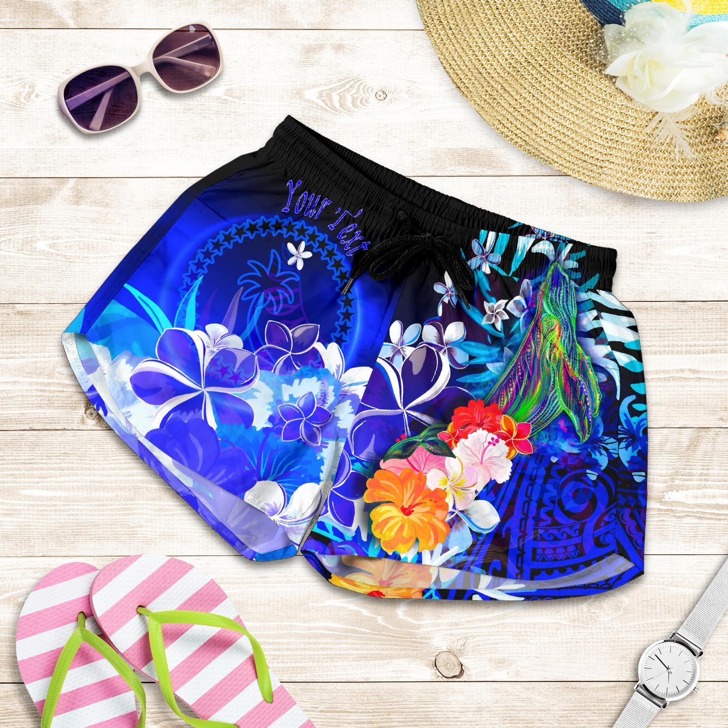 Custom Personalised Chuuk Women's Shorts - Humpback Whale with Tropical Flowers (Blue) Women Blue - Polynesian Pride