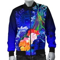 Custom Personalised Samoa Men's Bomber Jacket - Humpback Whale with Tropical Flowers (Blue) - Polynesian Pride