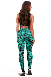 Polynesian Kakau Turtle Turquoise Hawaii Women's Leggings AH - Polynesian Pride