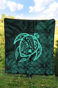 Hawaii Turtle Kanaka Map Hibiscus Poly Premium Quilt - Turquoise - Polynesian Pride