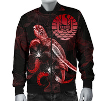 Tahiti Polynesian Men's Bomber Jacket - Turtle With Blooming Hibiscus Red - Polynesian Pride