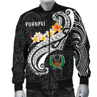 Pohnpei Men's Bomber Jacket - Pohnpei Seal Polynesian Patterns Plumeria (Black) - Polynesian Pride