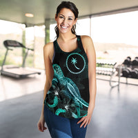 Chuuk Polynesian Women Tank Top - Turtle With Blooming Hibiscus Turquoise - Polynesian Pride