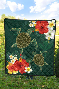Hawaii Sea Turtle Hibiscus Plumeria Premium Quilt - Polynesian Pride