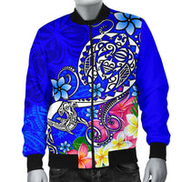 Polynesian Men's Bomber Jacket - Turtle Plumeria Blue Color - Polynesian Pride