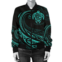 Hawaii Turtle Map Polynesian Women's Bomber Jacket - Turquoise - Frida Style - Polynesian Pride