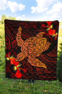 Hawaii Hibiscus Polynesian Red Big Turtle Premium Quilt - Polynesian Pride