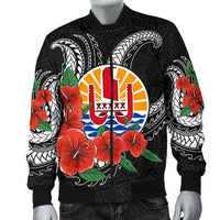 Tahiti Polynesian Men Bomber Jacket - Hibiscus Coat of Arm Black - Polynesian Pride
