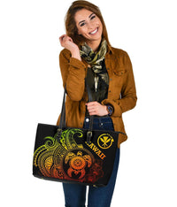 Hawaii Polynesian Large Leather Tote Bag - Vintage Polynesian Turtle (Reggae) - Polynesian Pride