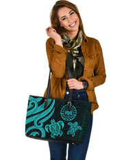Tahiti Polynesian Large Leather Tote Bag - Turquoise Tentacle Turtle - Polynesian Pride