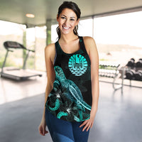 Tahiti Polynesian Women Tank Top - Turtle With Blooming Hibiscus Turquoise - Polynesian Pride