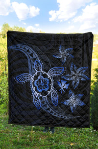 Kanaka Map Hibiscus Plumeria Turtle Art Blue Polynesian Premium Quilt - Polynesian Pride