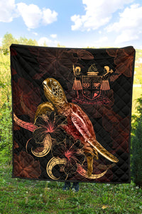 Fiji Polynesian Premium Quilt - Turtle With Blooming Hibiscus Gold - Polynesian Pride