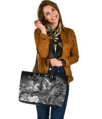 Vanuatu Custom Personalised Large Leather Tote Bag - Humpback Whale with Tropical Flowers (White) - Polynesian Pride