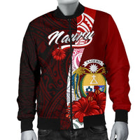 Nauru Polynesian Men's Bomber Jacket - Coat Of Arm With Hibiscus - Polynesian Pride