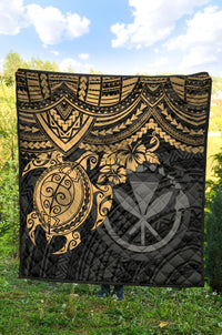 Hawaii Polynesian Premium Quilt - Kanaka Maoli & Gold Turtle Hibiscus - Polynesian Pride