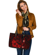 Polynesian Hawaii Large Leather Tote Bag - Humpback Whale with Hibiscus (Red) - Polynesian Pride