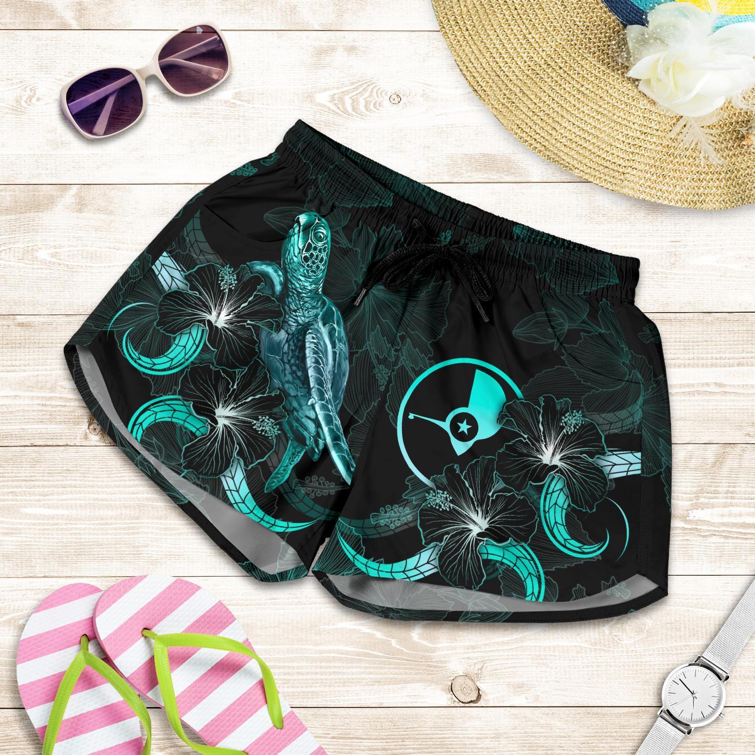 Yap Polynesian Women's Shorts - Turtle With Blooming Hibiscus Turquoise Women Turquoise - Polynesian Pride