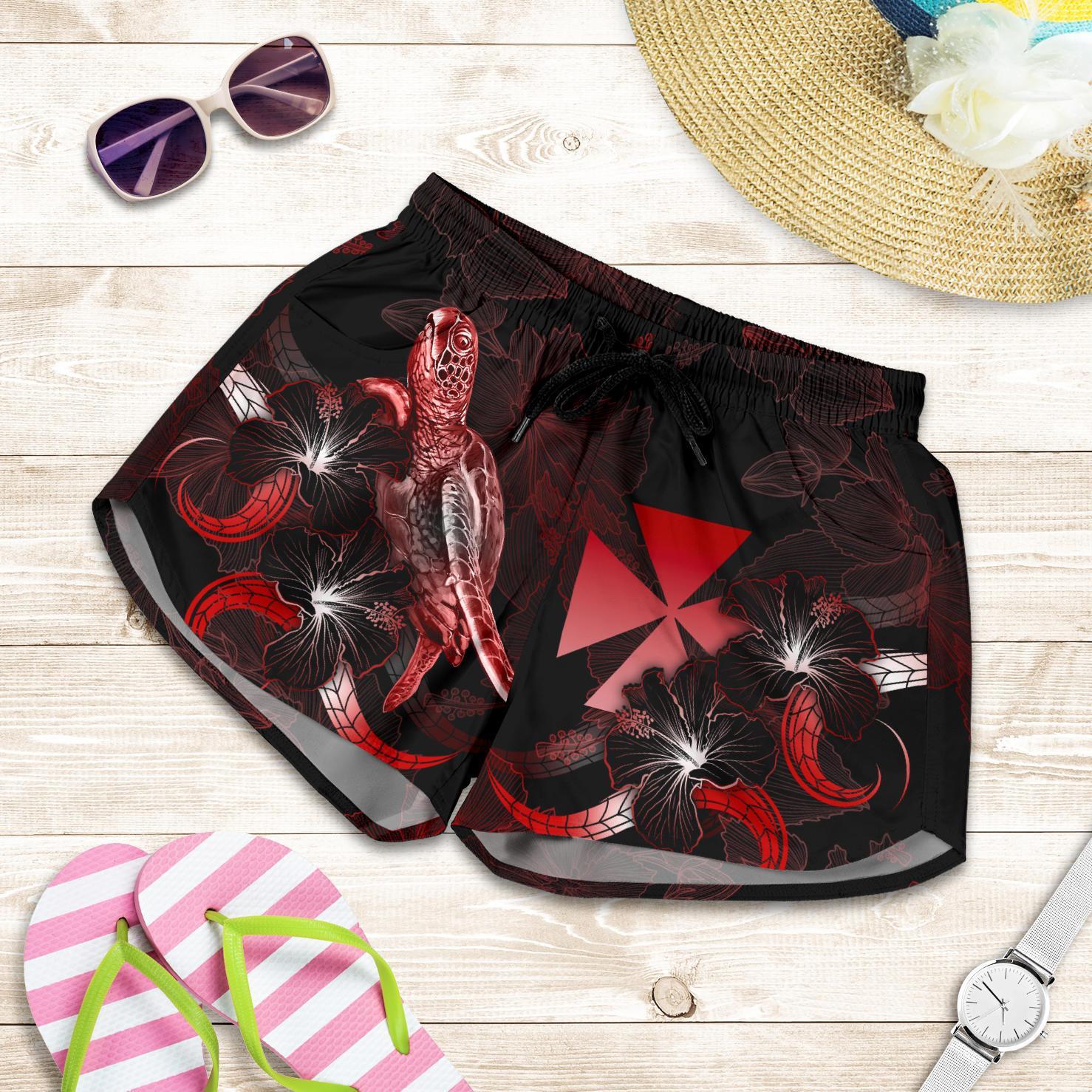Wallis And Futuna Polynesian Women's Shorts - Turtle With Blooming Hibiscus Red Women Red - Polynesian Pride