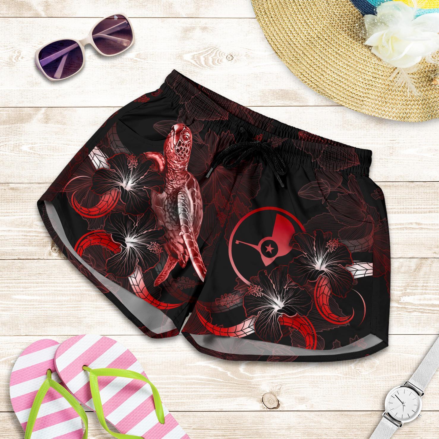 Yap Polynesian Women's Shorts - Turtle With Blooming Hibiscus Red Women Red - Polynesian Pride