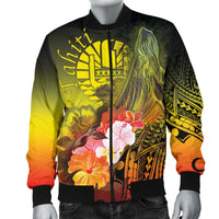 Tahiti Men's Bomber Jacket - Humpback Whale with Tropical Flowers (Yellow) - Polynesian Pride