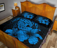 Hawaiian Map Turtle Hibiscus Polynesian Quilt Bedding Set - Traffic Blue - Polynesian Pride