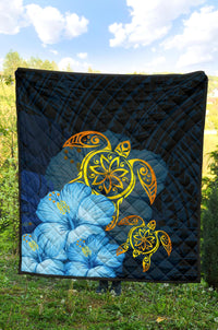 Hawaii Premium Quilt - Turtle Hibiscus Pattern Hawaiian Premium Quilt - Blue - Polynesian Pride