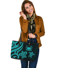 Samoa Polynesian Large Leather Tote Bag - Turquoise Tentacle Turtle - Polynesian Pride