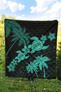 Hawaii Turtle Plumeria Coconut Tree Polynesian Premium Quilt - Turquoise - Polynesian Pride