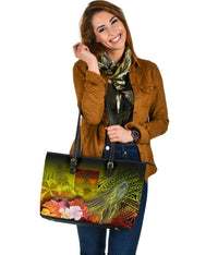 Fiji Large Leather Tote Bag - Humpback Whale with Tropical Flowers (Yellow) - Polynesian Pride