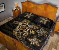 Kanaka Map Hibiscus Plumeria Turtle Art Gold Polynesian Quilt Bed Set - Polynesian Pride