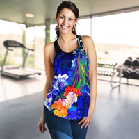 Pohnpei Women's Racerback Tank - Humpback Whale with Tropical Flowers (Blue) - Polynesian Pride