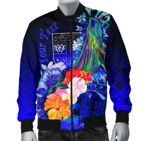 Fiji Custom Personalised Men's Bomber Jacket - Humpback Whale with Tropical Flowers (Blue) - Polynesian Pride
