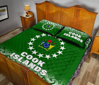 Cook Islands Quilt Bed Set - Cook Islands Flag Coat Of Arms Polynesian Tattoo Green Fog Style - Polynesian Pride