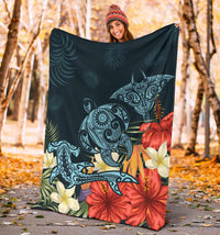Hawaii Turtle Shark Manta Ray Hibiscus Plumeria Premium Blanket - Polynesian Pride