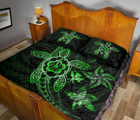 Kanaka Map Hibiscus Plumeria Turtle Art Green Polynesian Quilt Bed Set - Polynesian Pride