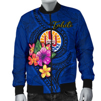 Tahiti Polynesian Men's Bomber Jacket - Floral With Seal Blue - Polynesian Pride