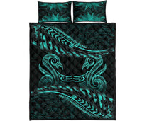 Aotearoa Quilt Bed Set Turquoise Maori Manaia With Silver Fern - Polynesian Pride