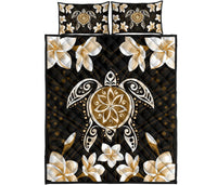 Hawaiian Gold Turtle Plumeria Quilt Bed Set Black - Polynesian Pride