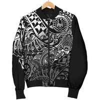 Tahiti Polynesian Men Bomber Jacket - White Turtle Hibiscus Flowing - Polynesian Pride