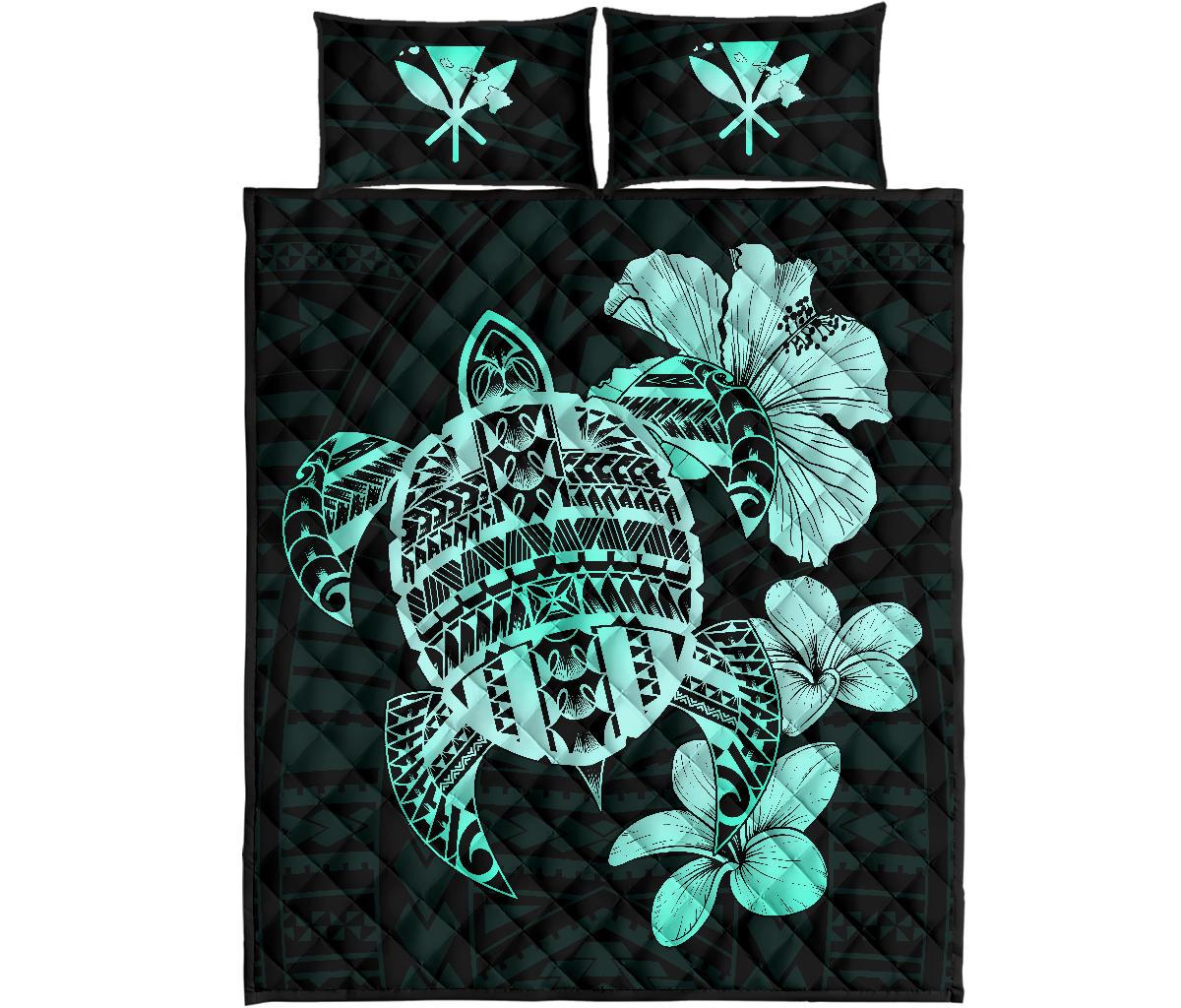 Hawaiian Kanaka Hibiscus Plumeria Mix Polynesian Turtle Quilt Bed Set Turquoise AH Turquoise - Polynesian Pride