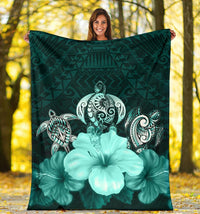 Polynesian Premium Blanket Turtle And Hibiscus Turquoise - Polynesian Pride
