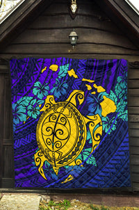 Hawaii Polynesian Premium Quilt - Hawaii Yellow Turtle Map & Torquoise Hibiscus - Polynesian Pride