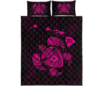 Hawaii Turtle Hibicus Map Quilt Bed Set - Pink Art - Polynesian Pride